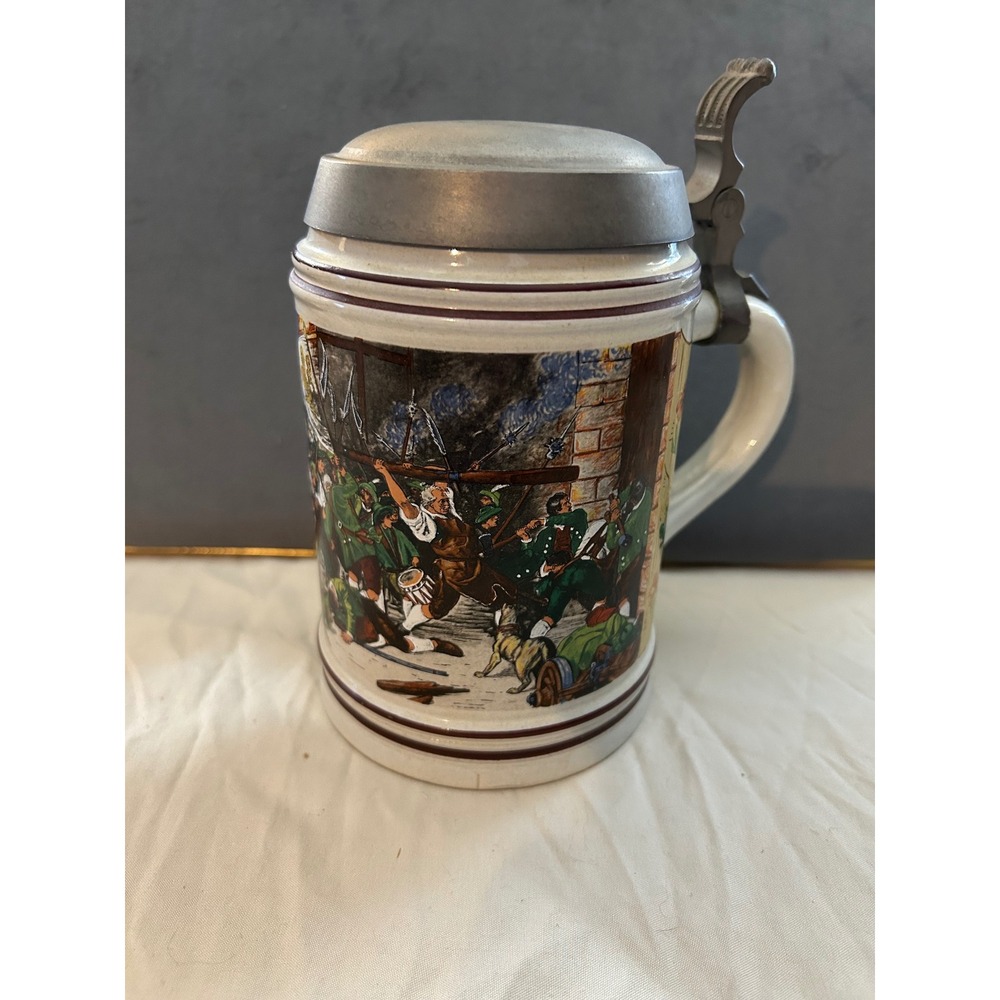 Vtg. Gerz German Beer Stein with pewter Lid & Hand Painted‎ Scene